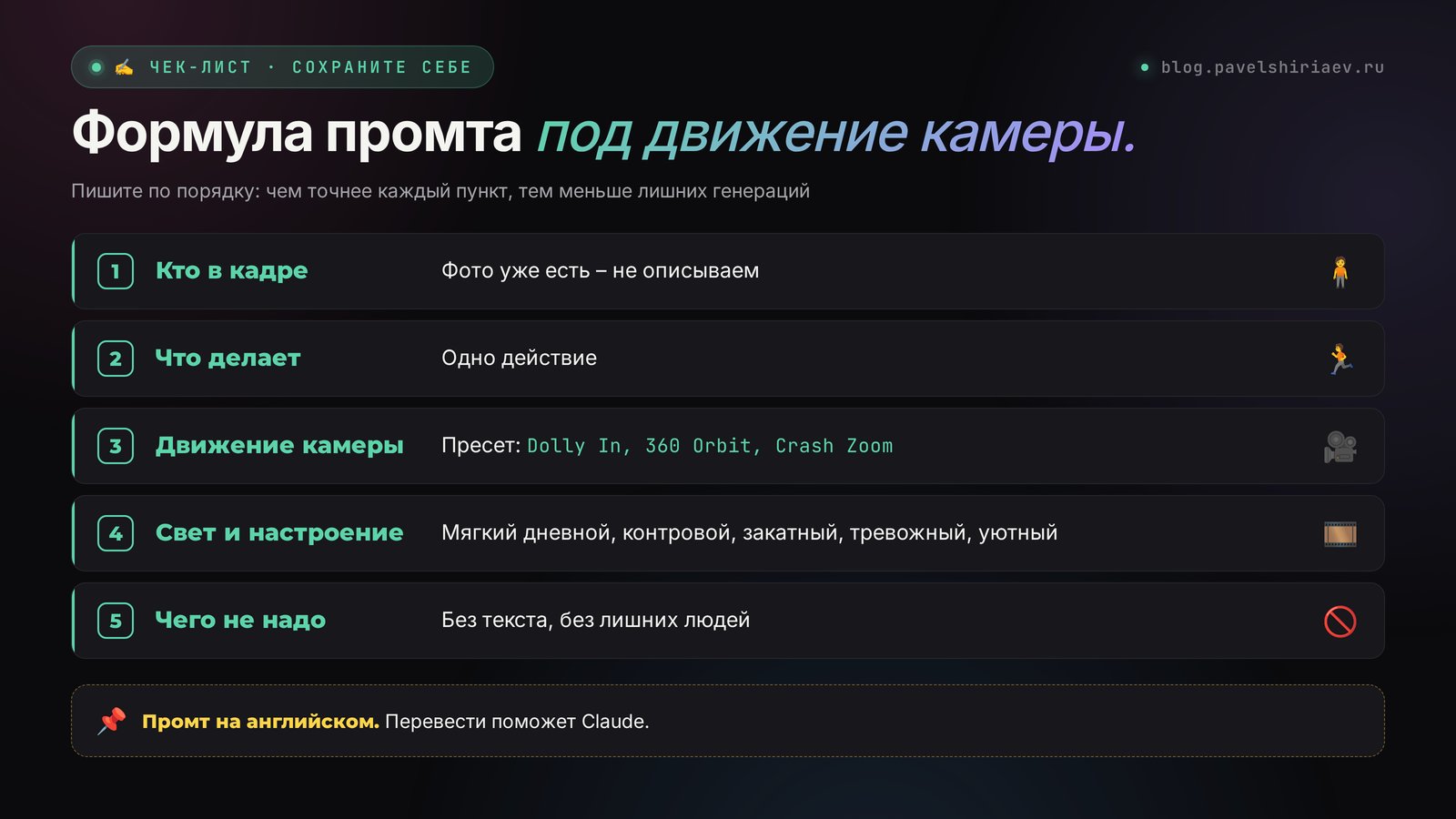 Формула промта под движение камеры в Higgsfield: кто в кадре, что делает, движение камеры, свет и настроение, чего не надо
