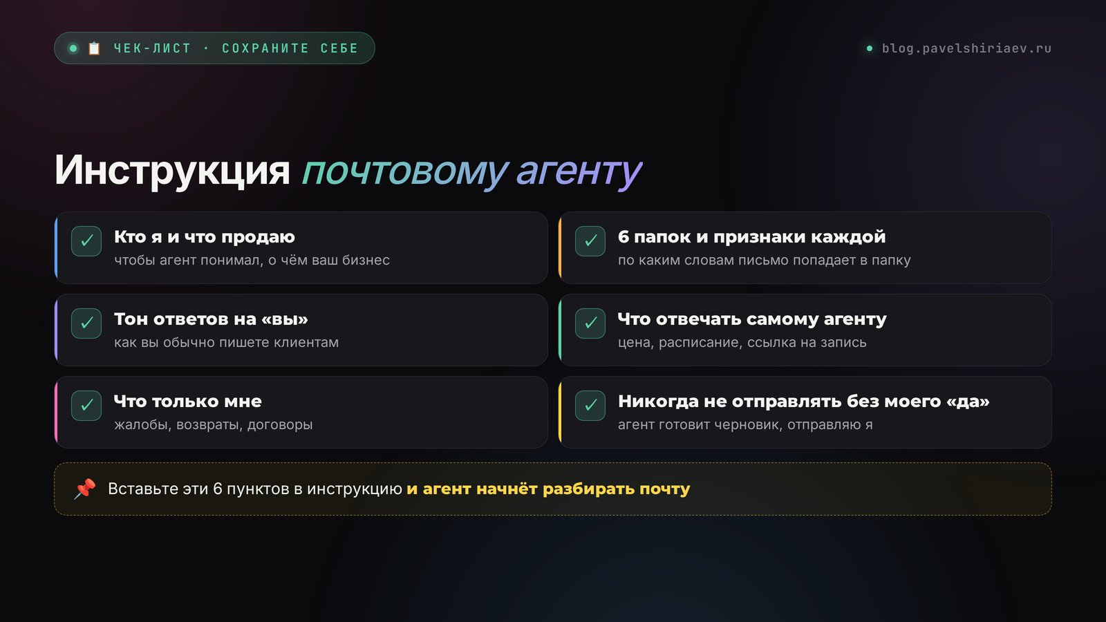 Чек-лист инструкции почтовому агенту: кто я и что продаю, 6 папок, тон ответов, что отвечает агент, что только мне, ничего без моего да