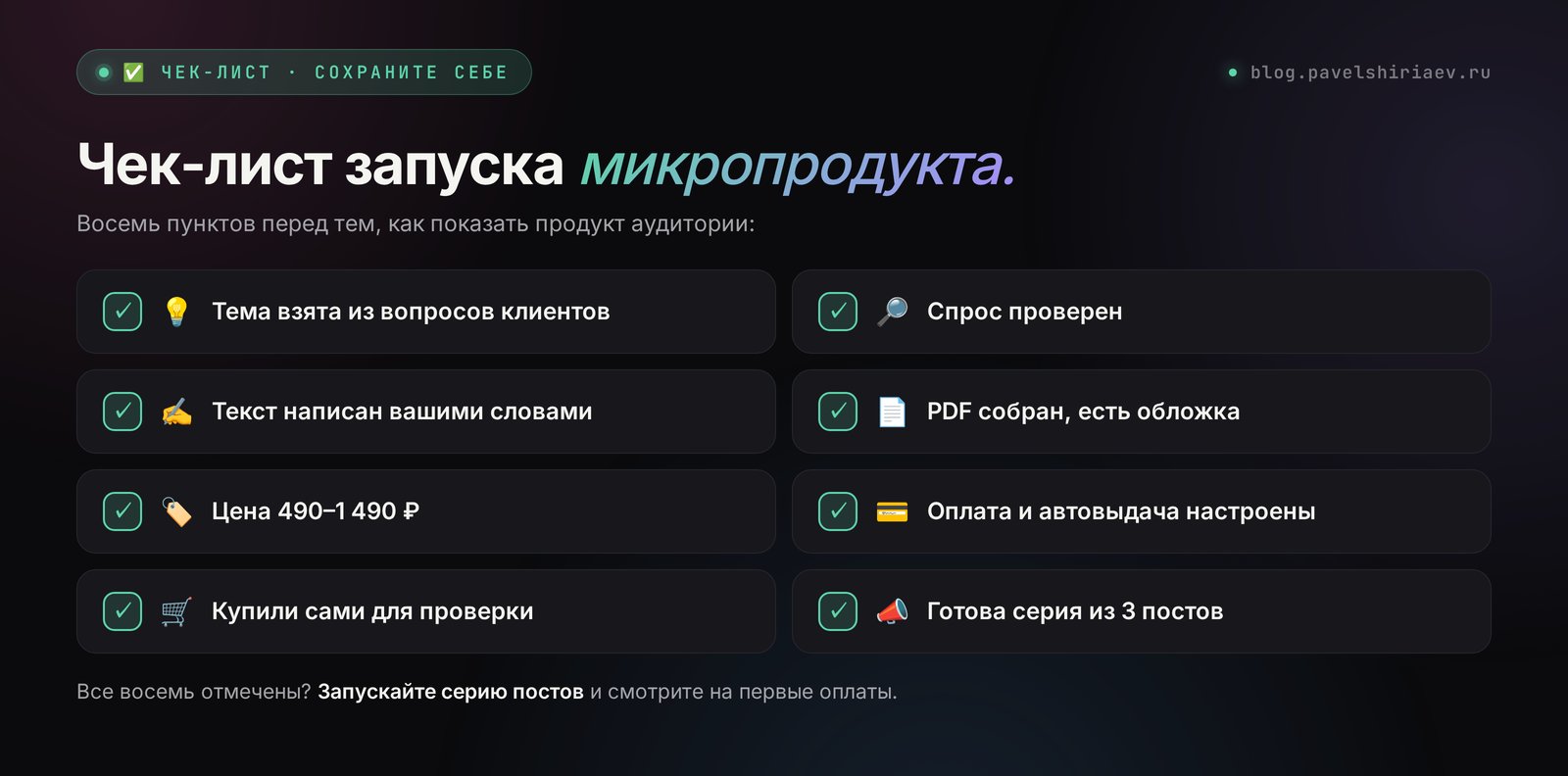 Чек-лист запуска микропродукта: тема, проверка спроса, гайд, PDF, цена, оплата, автоматическая выдача, серия из трёх постов