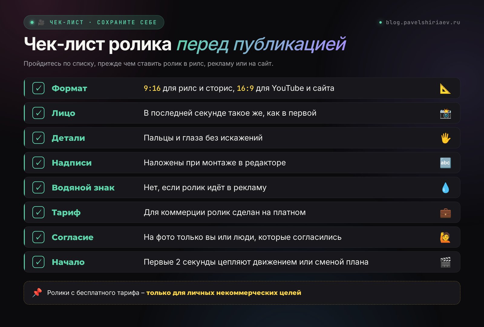 Чек-лист ролика из Kling перед публикацией: формат, лицо, руки, надписи, водяной знак, права