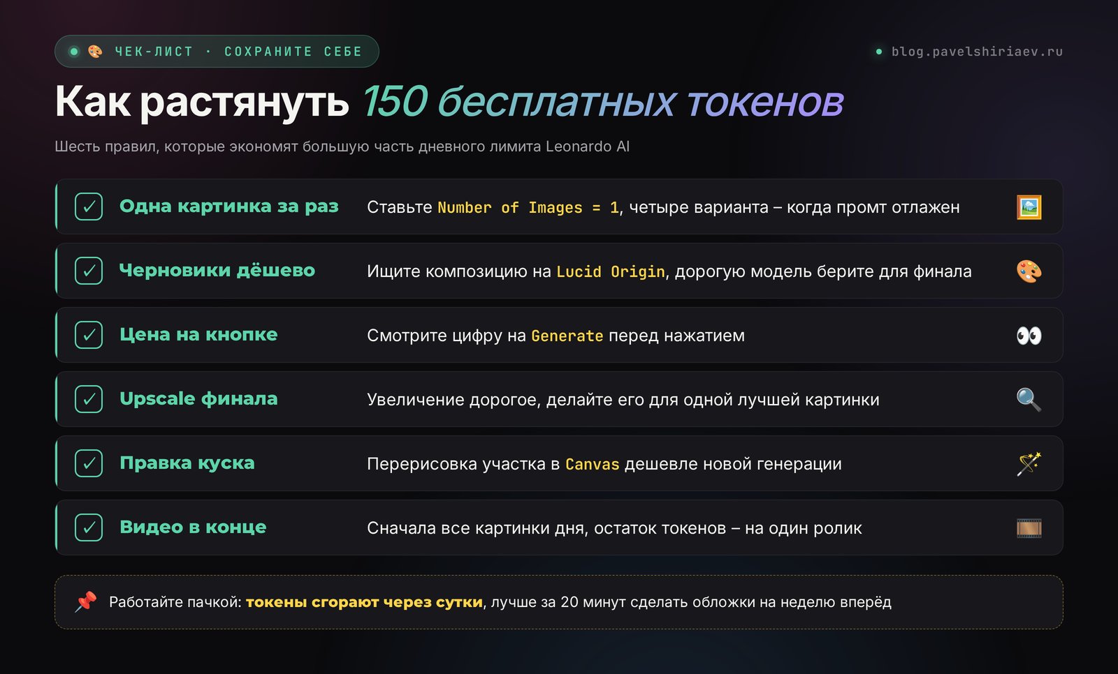 Как растянуть 150 бесплатных токенов Leonardo AI: одна картинка за раз, черновики на дешёвой модели, увеличение только финала