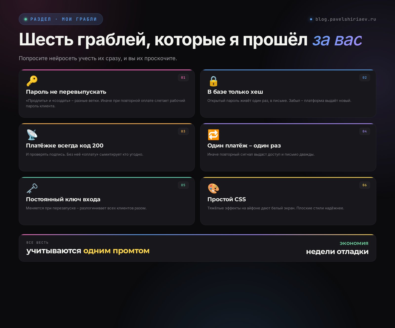 Шесть граблей платформы: пароль не перевыпускать, в базе только хеш, платёжке отвечать 200, один платёж один раз, постоянный ключ входа, простой CSS