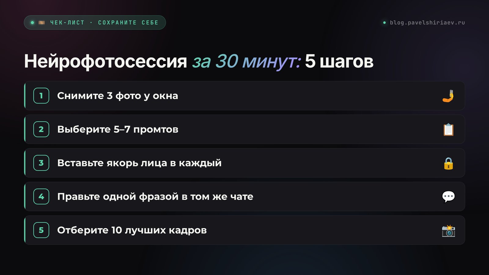 Нейрофотосессия за 30 минут в 5 шагов: три фото у окна, 5–7 промтов, якорь лица в каждом, правки одной фразой, 10 лучших кадров
