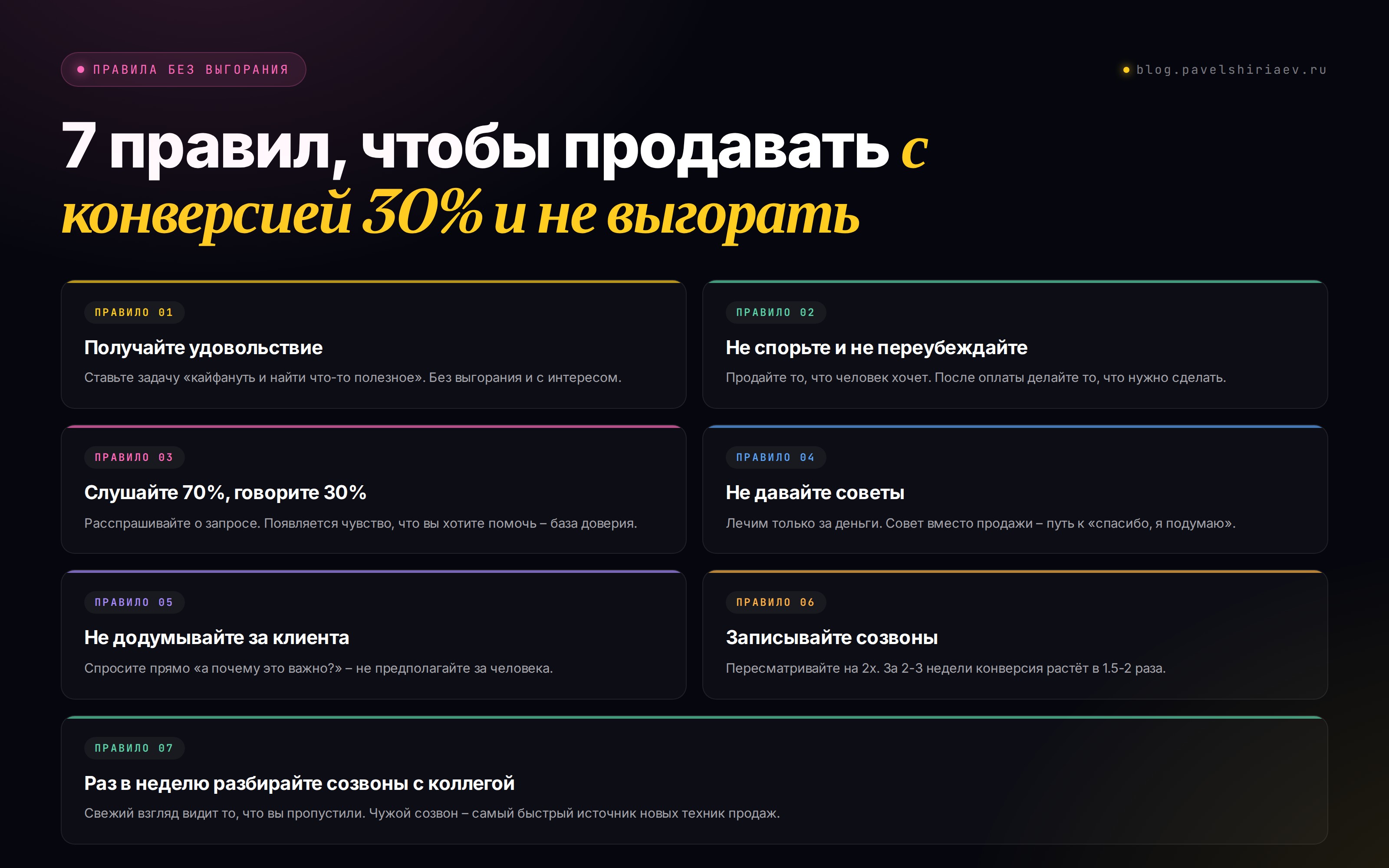 7 правил продаж без выгорания: получай удовольствие, не спорь, слушай больше говори меньше, не давай советы бесплатно, не додумывай за клиента, записывай созвоны, разбирай с коллегой