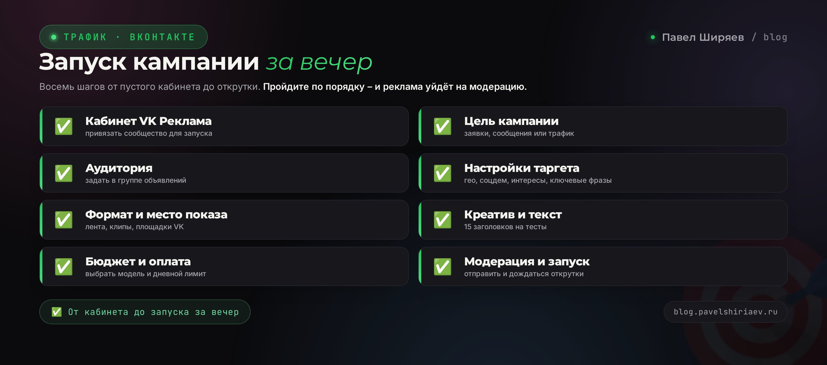 Чек-лист запуска рекламной кампании ВКонтакте за вечер: кабинет, цель, аудитория, гео, формат, креатив, бюджет, модерация