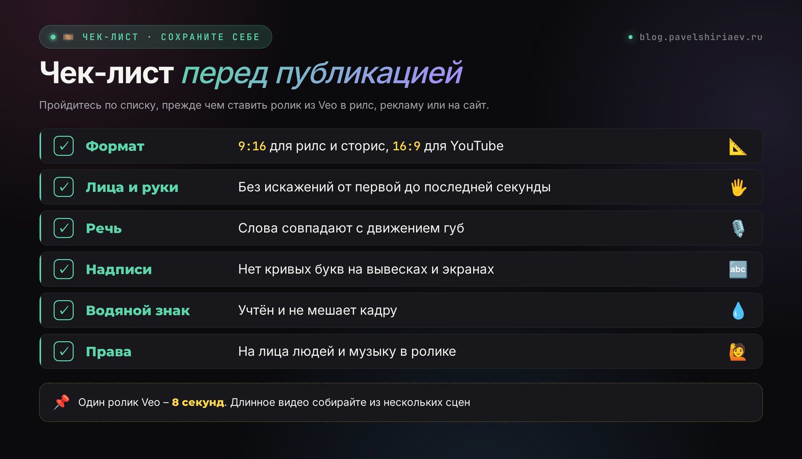 Чек-лист ролика из Veo перед публикацией: формат, лицо, руки, речь, надписи, водяной знак, права